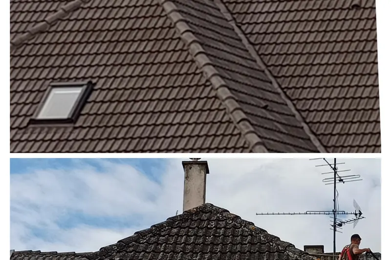 Avant après d'un démoussage de toiture dans le Pays de Montbéliard