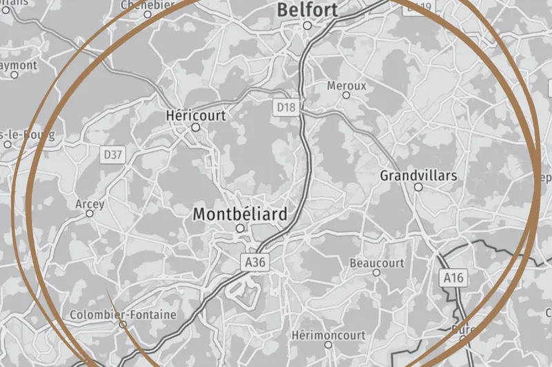 Carte de la zone d'intervention autour de Montbéliard et Belfort