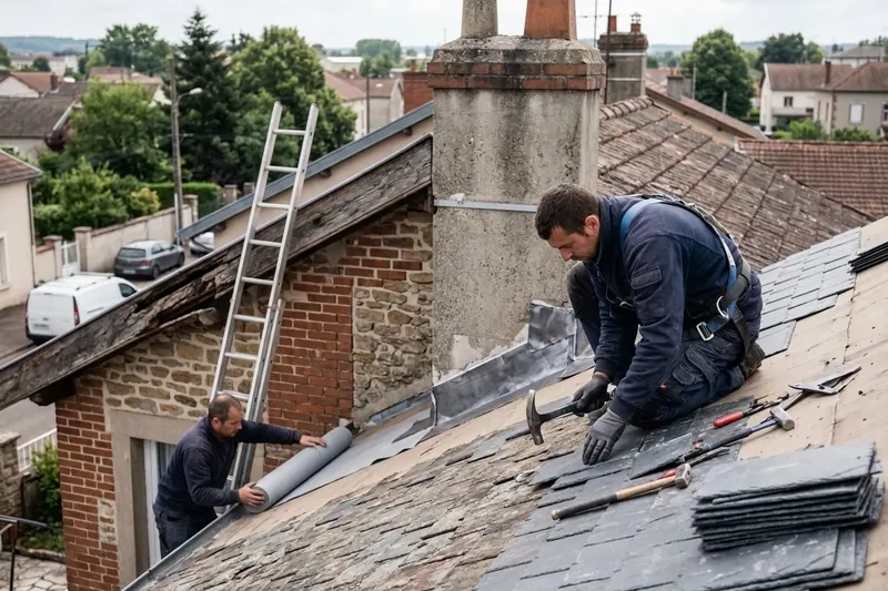 Couvreur en intervention sur une toiture en tuiles dans le Pays de Montbéliard